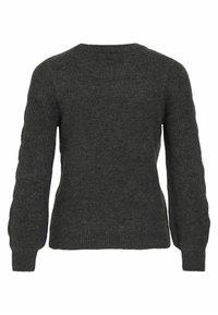 Pull tricoté gris foncé avec col rond, manches longues à poignets côtelés, et finition texturée sur le corps.
