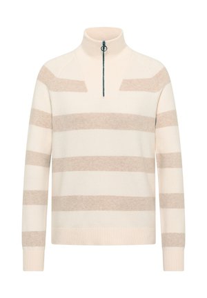 Kermanvalkoinen ja beige raidallinen neulepaita, jossa on pitkät hihat ja korkea kaulus, jossa on neljänneksen mittainen vetoketju pyöreällä vetimellä.
