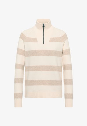 Trui met crèmekleurige en beige strepen, gebreid met lange mouwen en een hoge kraag met een kwartrits en een ronde trekker.