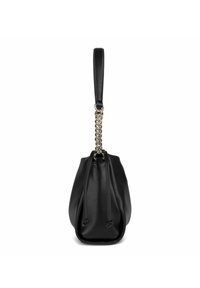 Borsa a secchiello nera in pelle con chiusura a coulisse, texture liscia e un accento a catena sulla tracolla. Silhouette curva, design minimalista.