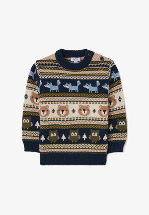 Gebreide trui in marineblauw met dierenpatronen; voorzien van beige, groene en blauwe accenten; heeft een ronde halslijn en knopen op de schouders.