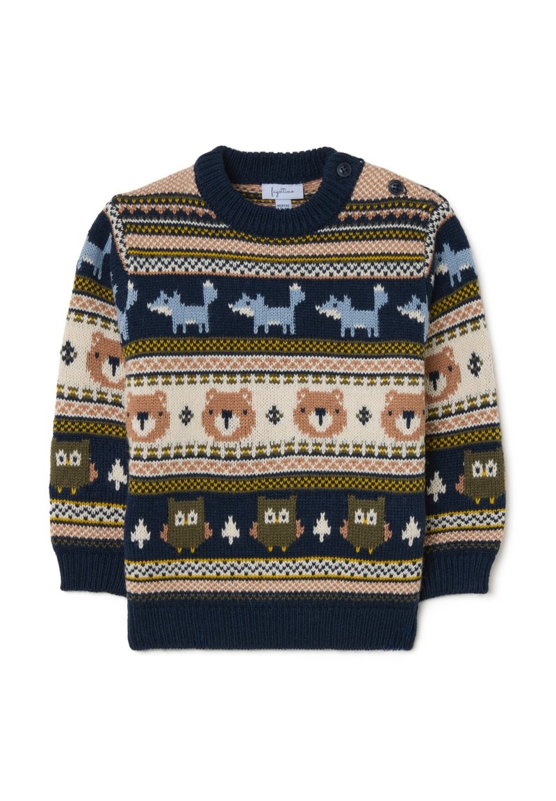 Pullover lavorato a maglia in blu navy con motivi animali; presenta accenti in beige, verde e blu; include scollatura rotonda e bottoni sulle spalle.