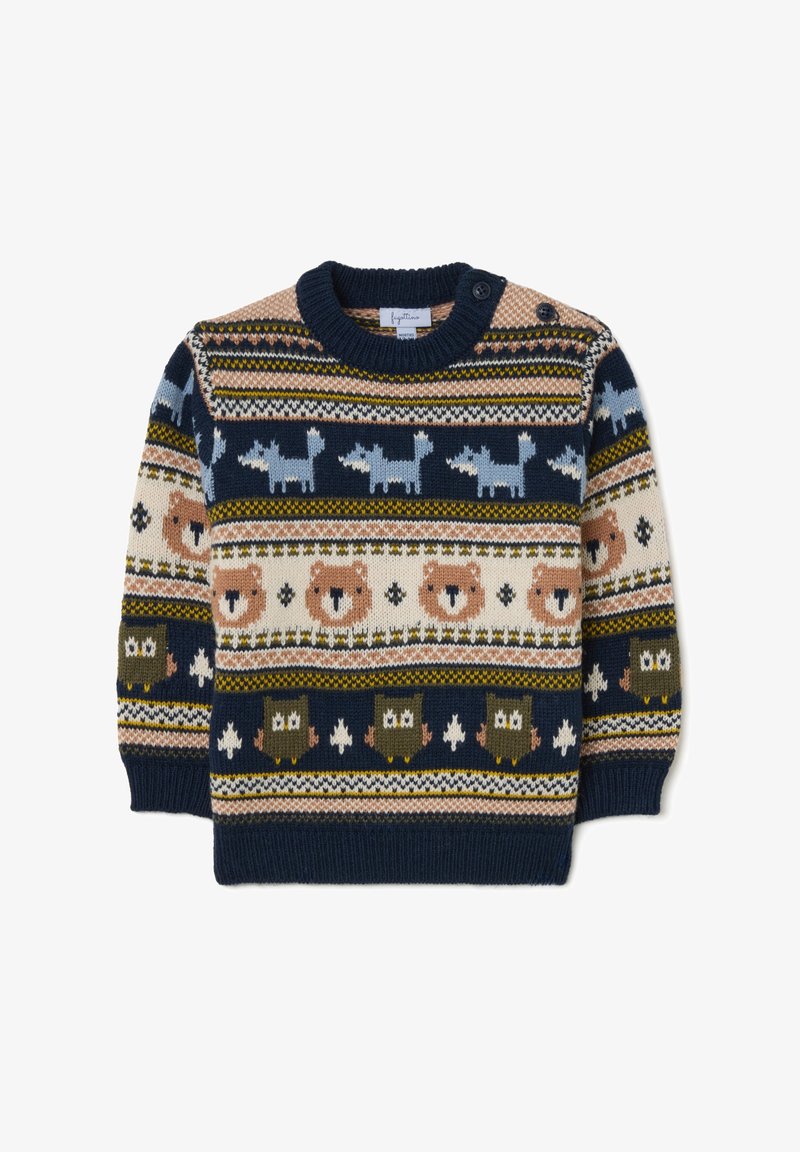 Pullover lavorato a maglia in blu navy con motivi animali; presenta accenti in beige, verde e blu; include scollatura rotonda e bottoni sulle spalle.