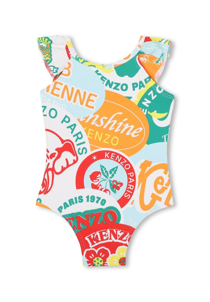 Maillot de bain une pièce avec des bretelles froncées, arborant un imprimé multicolore de logos sur un fond blanc. Fabriqué en tissu extensible.