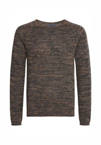 Brauner und schwarzer strukturierter Strickpullover mit langen Ärmeln und Rundhalsausschnitt. Hat ein leicht ungleichmäßiges gestreiftes Muster und gerippte Ärmelbündchen.