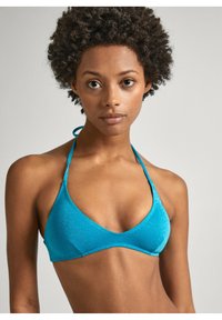 Spilgti zils mirdzošs bikini augšdaļas ar trīsstūra formu, plānām regulējamām siksniņām un minimālistisku dizainu. Tam ir gluda tekstūra.