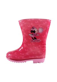 Botte de pluie pour enfants rose avec Minnie Mouse en train de faire une bulle et un motif de petits nœuds.