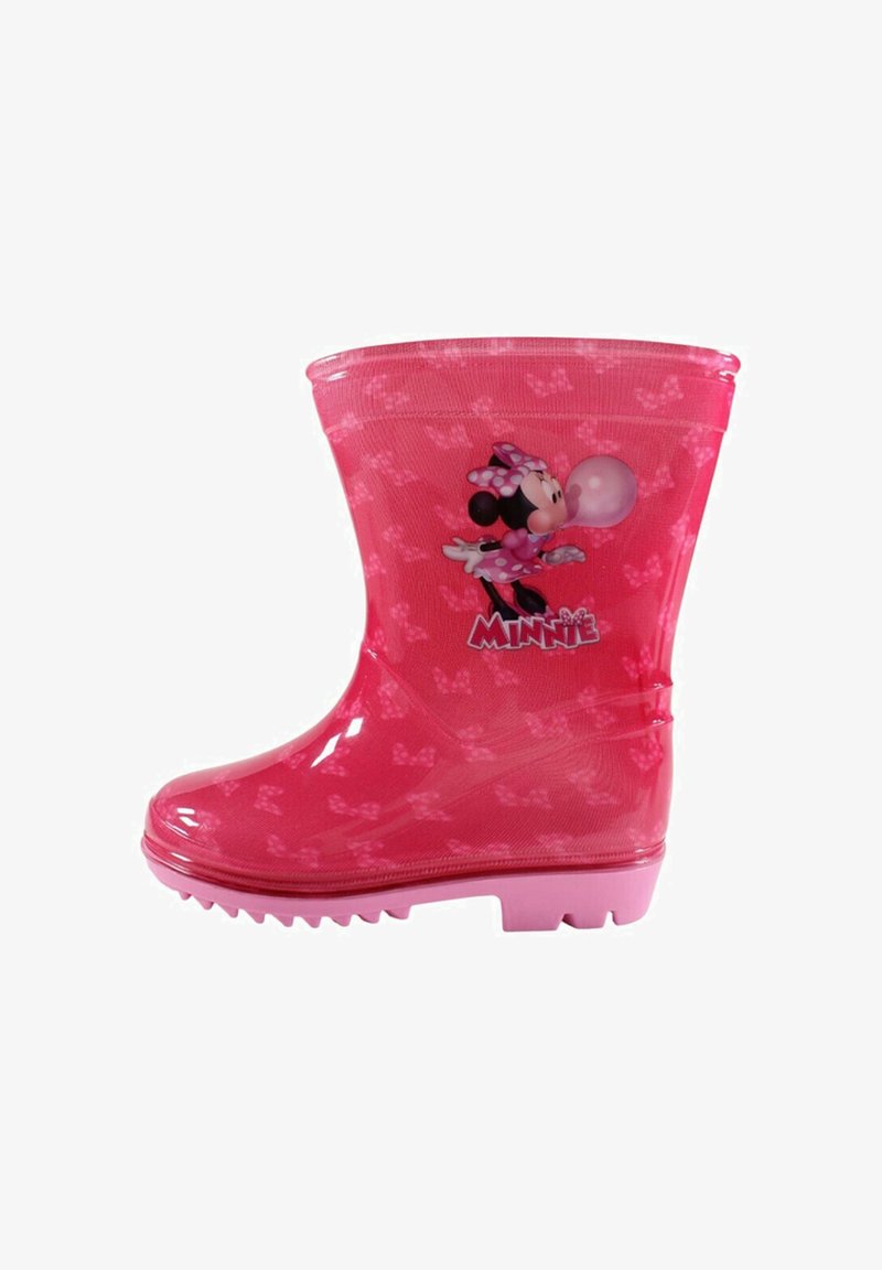 Botte de pluie pour enfants rose avec Minnie Mouse en train de faire une bulle et un motif de petits nœuds.