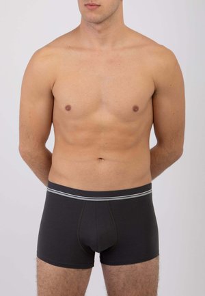 Boxer in cotone grigio con fascia elastica a contrasto caratterizzata da una sottile striscia bianca. Tessuto liscio, design aderente e taglio a lunghezza media.