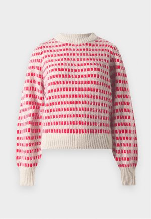 Jersey de punto en crema y rojo, con un patrón de cuadros, puños y dobladillo acanalados, y diseño de cuello redondo. Textura suave.