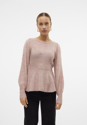 Hele roosa kudumipusa, millel on pikad, veidi volüümikamad varrukad ja peplum äär. Kangas on pehme ja tekstureeritud välimusega, mida täiustavad soonikud varrukate otstes.