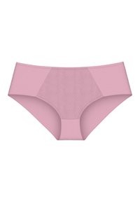 Calzini femminili hipster rosa con una vita liscia e un pannello frontale testurizzato che presenta sottili motivi a onda. Realizzati in materiale morbido e elasticizzato.