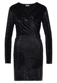 Svart sammetsklänning med långa ärmar, inslagningdesign, dekorerad med paljetter i varierande storlekar och mönster för en strukturerad effekt.