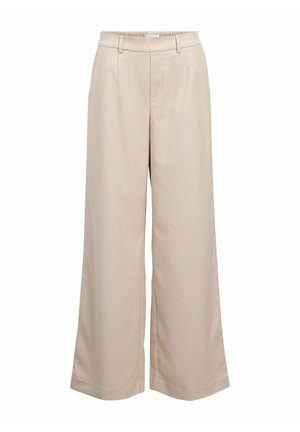 Beige brede bukser med et subtilt stribemønster, der har flad front, bæltestropper og en elastisk talje for komfort.