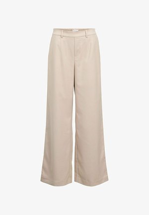 Beige brede bukser med et subtilt stribemønster, der har flad front, bæltestropper og en elastisk talje for komfort.