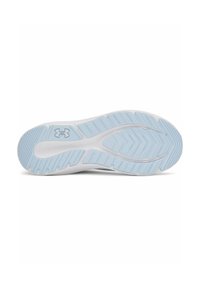 Semelle de chaussure en caoutchouc bleu et blanc, présentant une surface texturée avec des motifs en zigzag et un logo Under Armour au centre.
