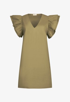Abito verde oliva con scollatura a V e maniche corte a volant. Tessuto morbido con una vestibilità comoda, che arriva a metà coscia, caratterizzato da linee semplici e pulite.