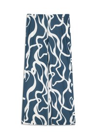 Pantalon à jambes larges en tissu bleu sarcelle foncé avec un motif abstrait blanc ondulé. Texture lisse avec une taille élastique.