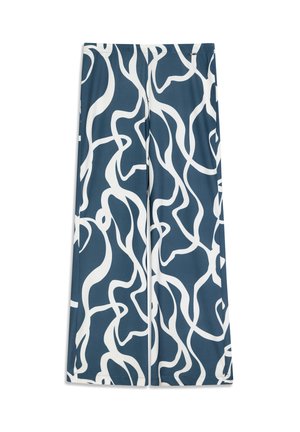 Pantalon à jambes larges en tissu bleu sarcelle foncé avec un motif abstrait blanc ondulé. Texture lisse avec une taille élastique.