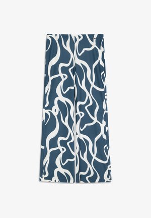 Pantalon à jambes larges en tissu bleu sarcelle foncé avec un motif abstrait blanc ondulé. Texture lisse avec une taille élastique.