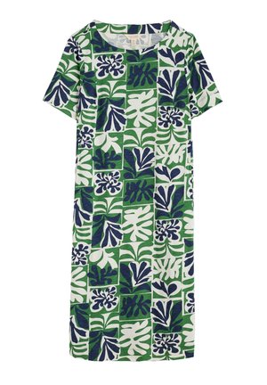 Korte mouw jurk met een groen-witte bladerenpatroon en marineblauwe accenten. Gemaakt van lichte stof, tot de knie met een comfortabele pasvorm.