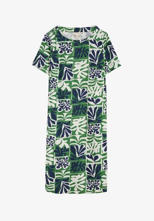 Kurzärmliges Kleid mit einem grün-weißen Blattmuster und marineblauen Akzenten. Hergestellt aus leichtem Stoff, knielang mit lockerer Passform.