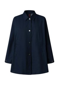 Marineblaue Baumwolljacke mit geknöpftem Vorderteil, klassischem Kragen, zwei Seitentaschen und geradem Schnitt. Glatte Textur, minimale Verzierungen.