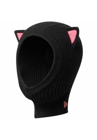 Schwarze Strick-Balaclava mit rosa Filz-Katzenohren. Verfügt über eine gerippte Textur und eine Öffnung für das Gesicht. Logo in Rosa unten angebracht.
