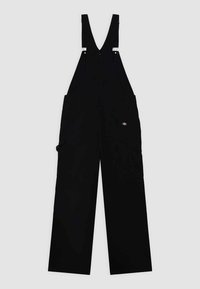 Salopette noire en tissu résistant, avec des jambes larges, des bretelles ajustables, des poches latérales et un petit logo à l'avant.