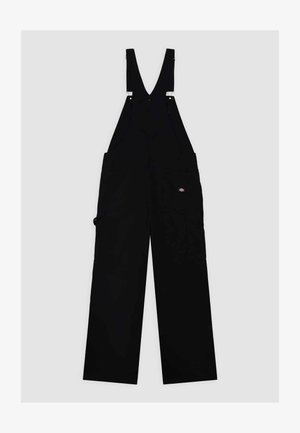 Mustat haalarit, jotka on valmistettu kestävästä kankaasta, leveillä lahkeilla, säädettävillä olkaimilla, sivutaskuilla ja pienellä logolla edessä.