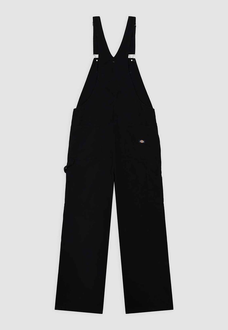 Sorte overalls lavet af slidstærkt stof, med brede ben, justerbare stropper, sidelommer og et lille logo på forsiden.