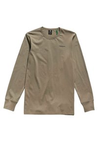 Zielona oliwkowa koszulka z długim rękawem o okrągłym dekolcie z małym logo "G-STAR RAW" na lewej piersi, z rękawami zakończonymi mankietami i widoczną metką wewnętrzną.