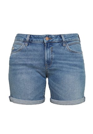Short en denim bleu avec revers roulés, bouton et fermeture éclair à l'avant, passants pour ceinture, poches avant et arrière.