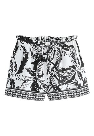 Weiße Shorts mit schwarzen tropischen Blattmustern, einem elastischen gerafften Bund, Kordelzug und dekorativem Saum.
