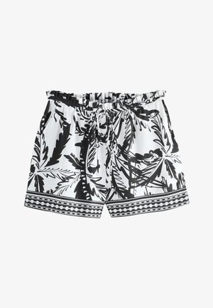 Pantaloni scurți albi cu modele de frunze tropicale negre, talie elastică cu pliuri, șnur de strângere și margine decorativă la tiv.