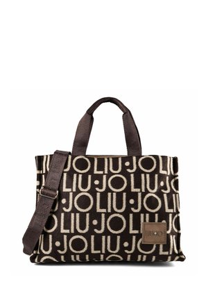 Bruine stoffen draagtas met herhalend beige "LIU JO" logo patroon, korte handvatten en een verstelbare schouderriem.