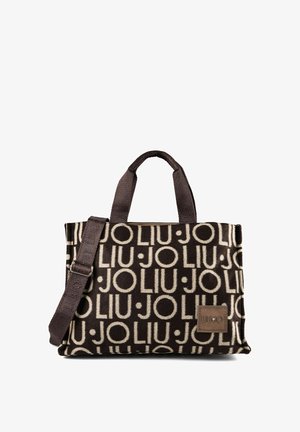 Borsa tote in tessuto marrone con motivo ripetuto del logo beige "LIU JO", manici corti e tracolla regolabile.
