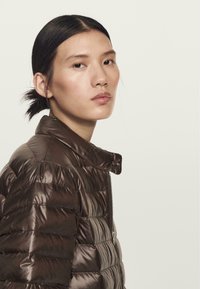 Brown puffer jacket with a high collar, featuring a shiny, quilted texture and a zip closure. Simple, sleek design with no embellishments.