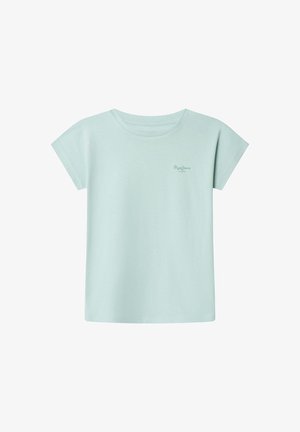 Hele mintrohelise lühikeste varrukatega t-särk, valmistatud pehmest puuvillast, ümmarguse kaelusega ja väikese logoga vasakul rinnal.