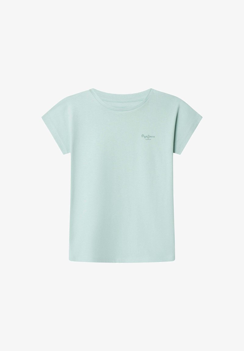 T-shirt manches courtes vert menthe clair, en coton doux, avec un col rond et un petit logo sur le côté gauche de la poitrine.