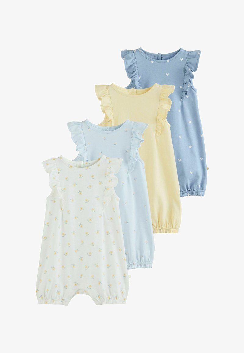 Four sleeveless baby rompers with ruffled shoulders, in white with yellow flowers, light blue with small flowers, solid yellow, and blue with white hearts.