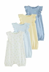 Quattro tutine a manica corta in morbido cotone. I colori includono bianco con stampa floreale, azzurro chiaro con motivi a cuore, giallo e blu uniforme. Spalline a rouches.