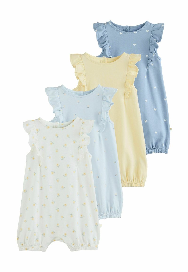 Quattro tutine a manica corta in morbido cotone. I colori includono bianco con stampa floreale, azzurro chiaro con motivi a cuore, giallo e blu uniforme. Spalline a rouches.