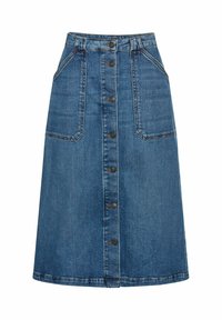 Jupe en denim en forme de A avec un devant à boutons, deux poches deep à l'avant et des coutures contrastantes. Teinte bleu moyen avec un ourlet propre.