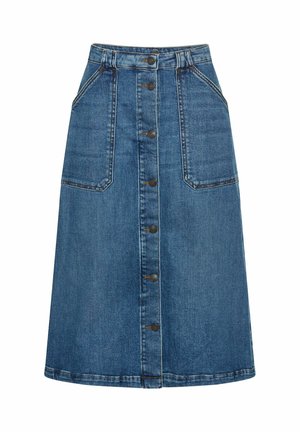 Jeans A-Linien-Rock mit Knopfleiste, zwei tiefen Fronttaschen und kontrastierendem Stick. In mittlerem Blauton mit einem sauberen Saum.