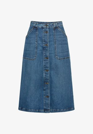 Spódnica jeansowa w fasonie A z guzikiem z przodu, dwoma głębokimi kieszeniami z przodu oraz kontrastowym przeszyciem. W średnim niebieskim odcieniu z czystym wykończeniem dołu.