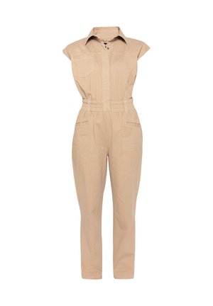 Beżowy bezrękawnik z kołnierzykiem, elastyczną talią, przednią kieszenią na piersi oraz dwoma kieszeniami po bokach.