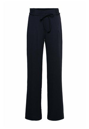 Navy wijde pantalon met een gladde textuur, voorzien van een taillekoorden en een strak ontwerp. De zoom is recht en losvallend.