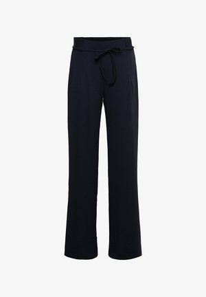 Navy wijde pantalon met een gladde textuur, voorzien van een taillekoorden en een strak ontwerp. De zoom is recht en losvallend.