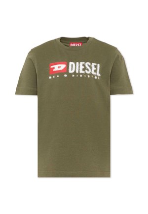 Oliwkowa koszulka z krótkim rękawem z czerwono-białym logo Diesel na piersi i prążkowanym okrągłym dekoltem.